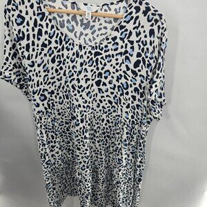 Time and Tru White Blue Cheetah Elastic Waist Rayon Midi Dress Size XXL